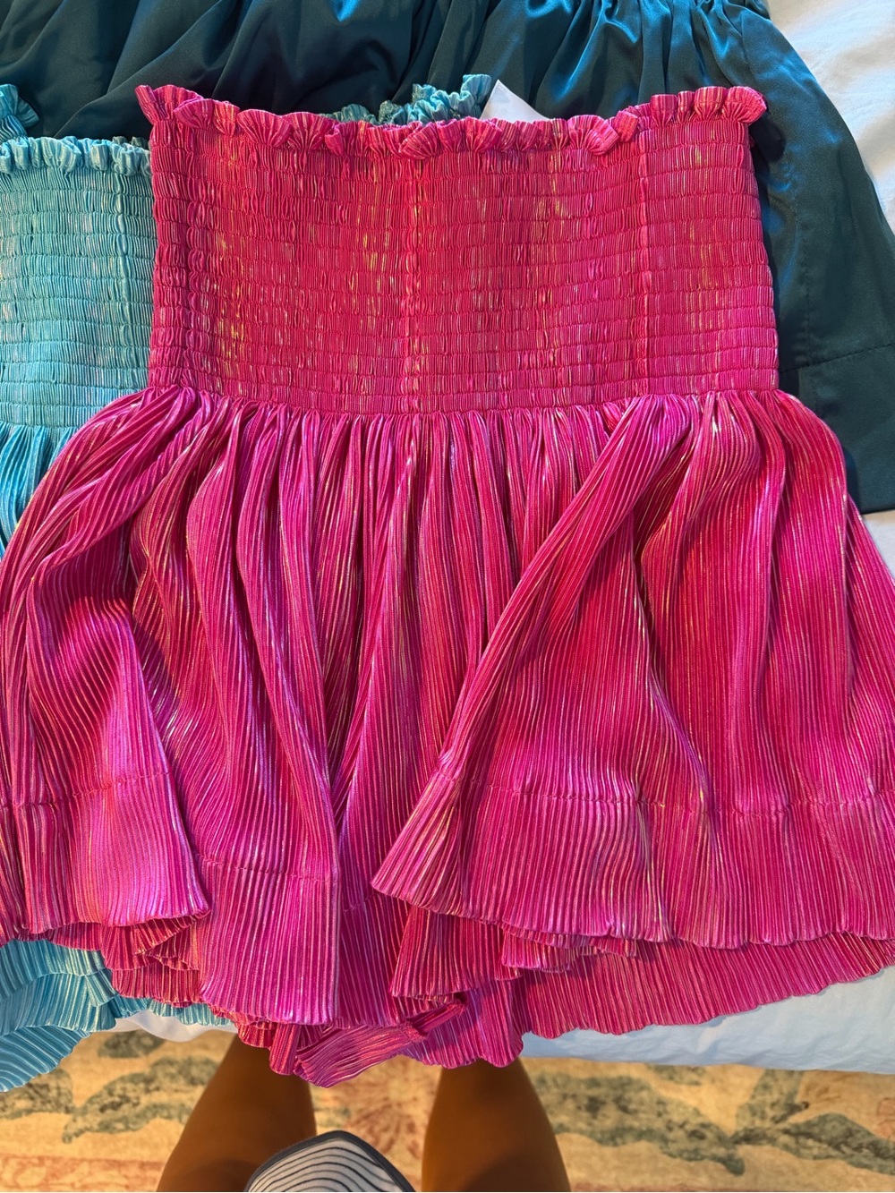 QUEEN OF SPARKLES Smocked Pleated Mini Skirts in White, Turquoise, Teal, Fuchsia - Picture 2 of 6
